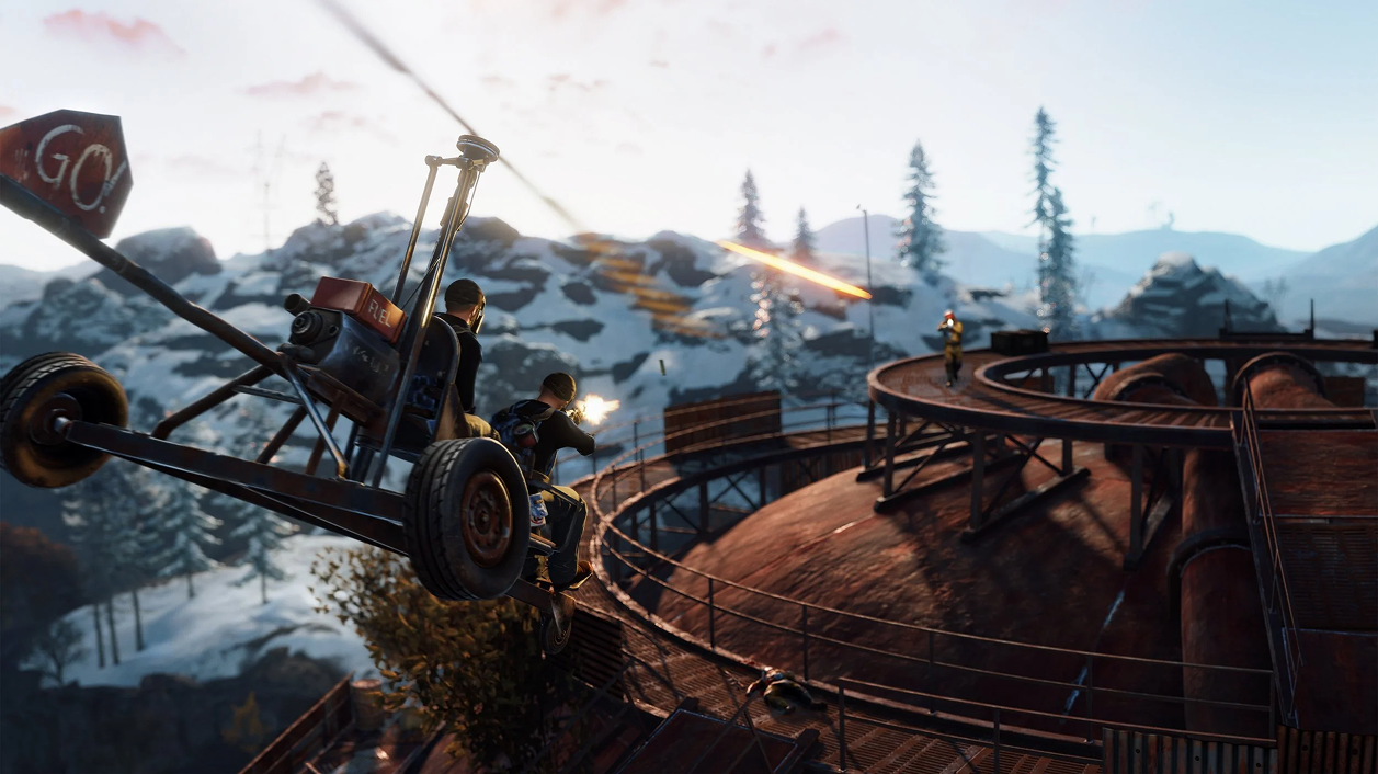 Spielszene aus Rust mit einem Helikopter über einer Industrieanlage